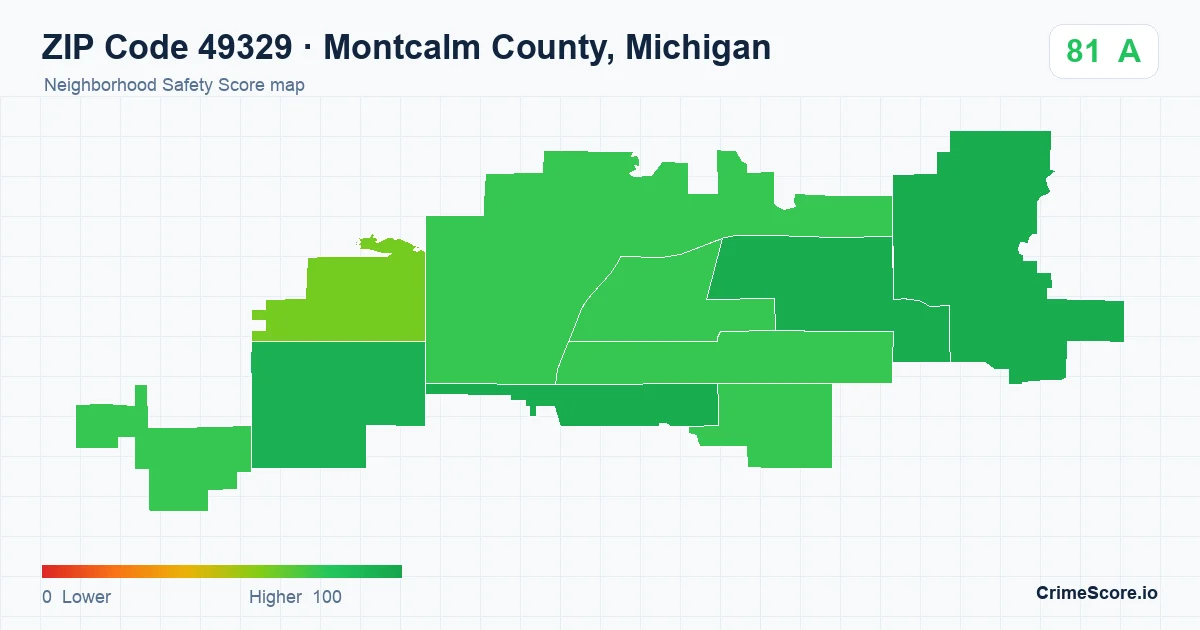 ZIP Code 49329 in Montcalm County, Michigan neighborhood Safety Score map