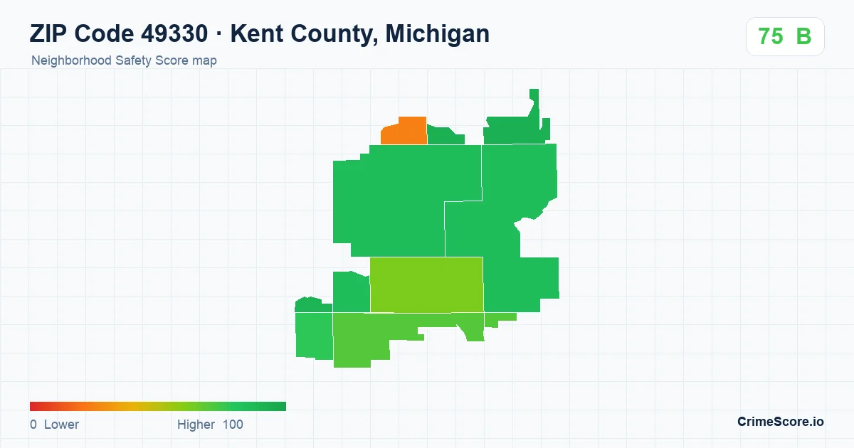 ZIP Code 49330 in Kent County, Michigan neighborhood Safety Score map
