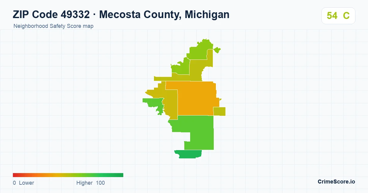 ZIP Code 49332 in Mecosta County, Michigan neighborhood Safety Score map