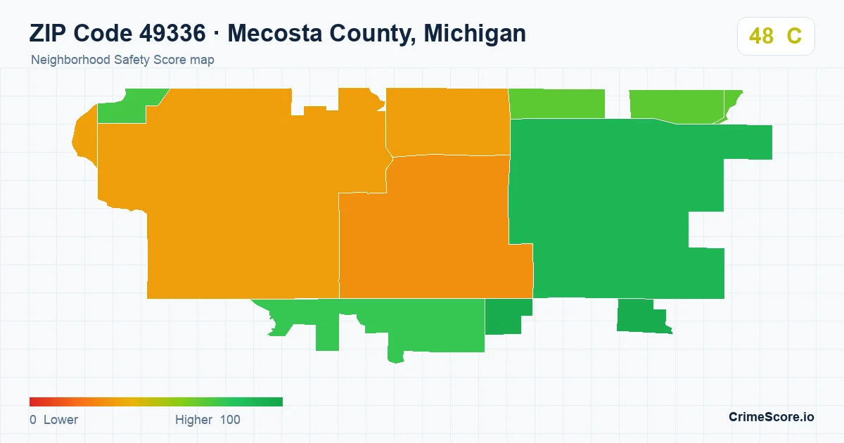 ZIP Code 49336 in Mecosta County, Michigan neighborhood Safety Score map