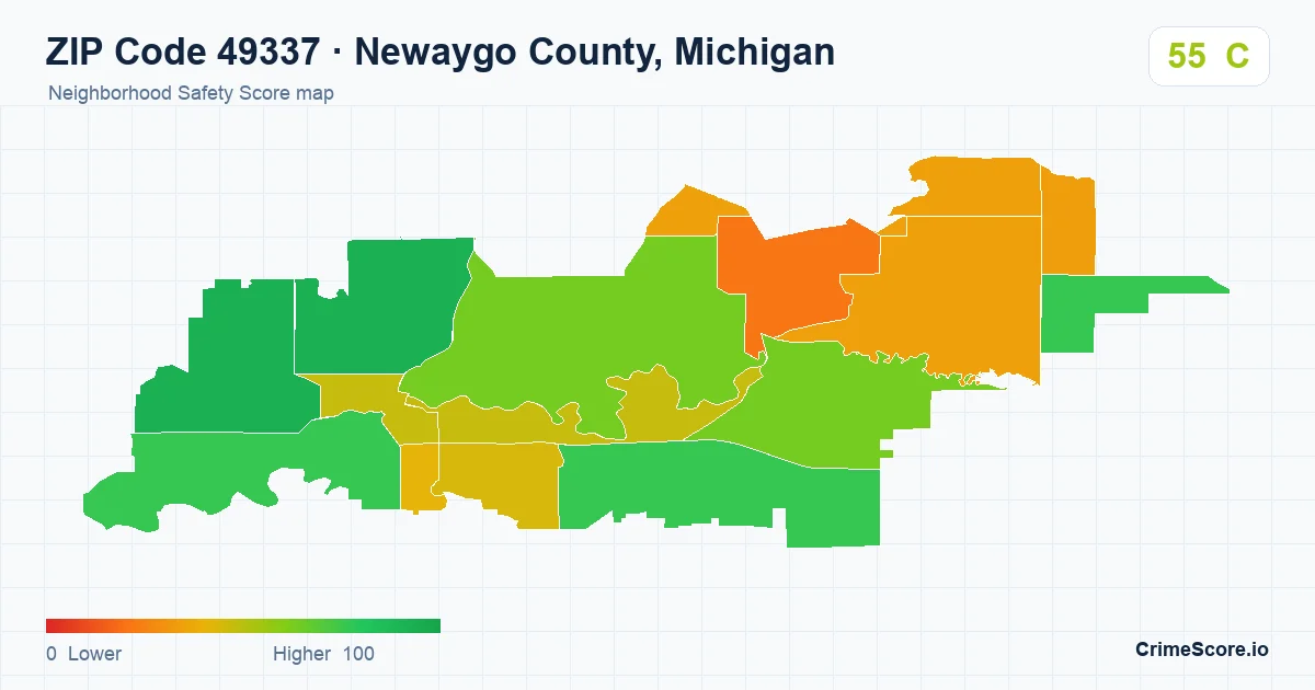 ZIP Code 49337 in Newaygo County, Michigan neighborhood Safety Score map