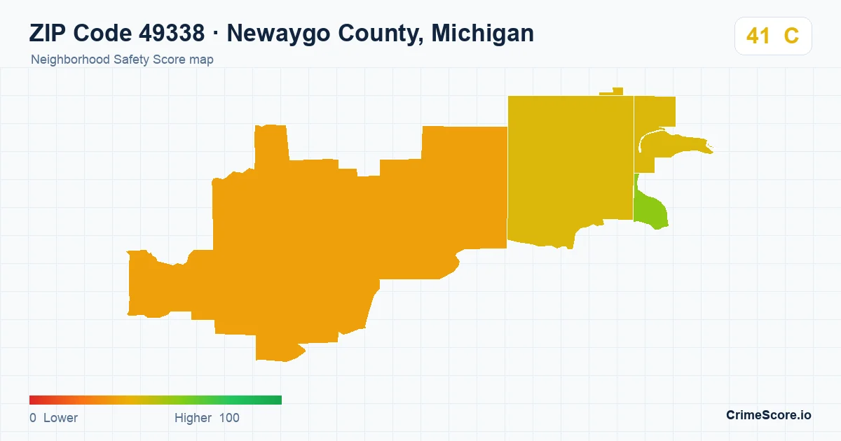 ZIP Code 49338 in Newaygo County, Michigan neighborhood Safety Score map