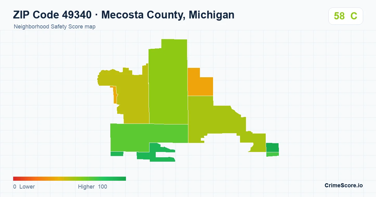 ZIP Code 49340 in Mecosta County, Michigan neighborhood Safety Score map