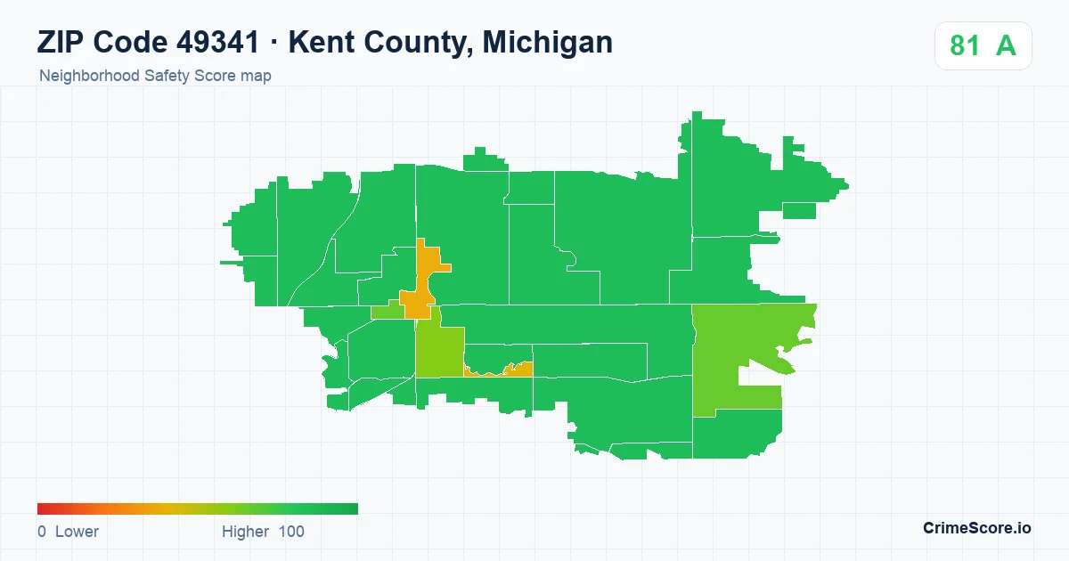 ZIP Code 49341 in Kent County, Michigan neighborhood Safety Score map