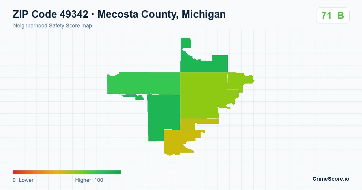 ZIP Code 49342 in Mecosta County, Michigan neighborhood Safety Score map
