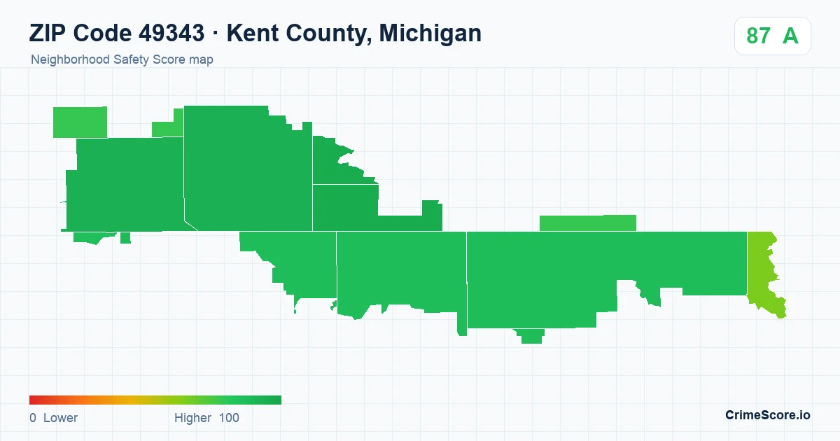 ZIP Code 49343 in Kent County, Michigan neighborhood Safety Score map