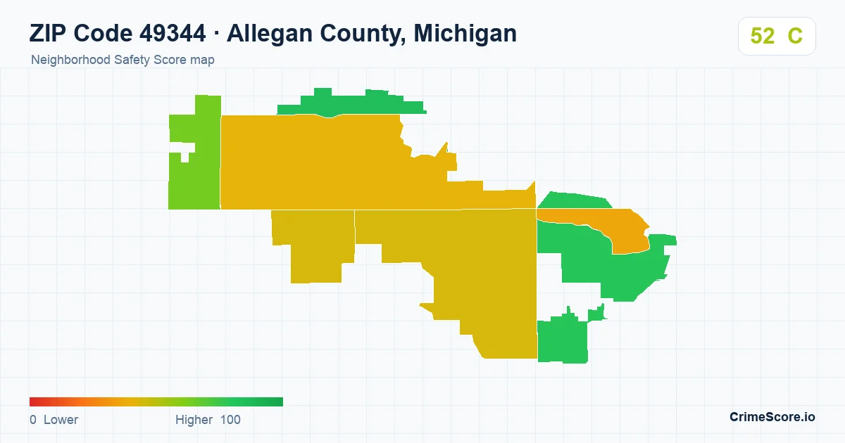 ZIP Code 49344 in Allegan County, Michigan neighborhood Safety Score map