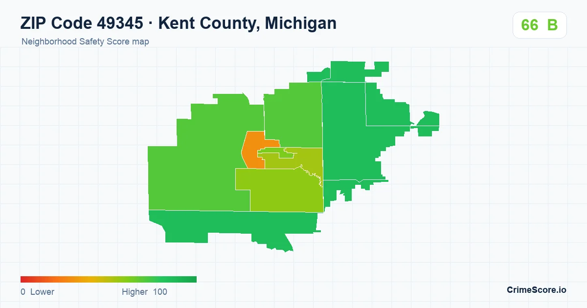 ZIP Code 49345 in Kent County, Michigan neighborhood Safety Score map