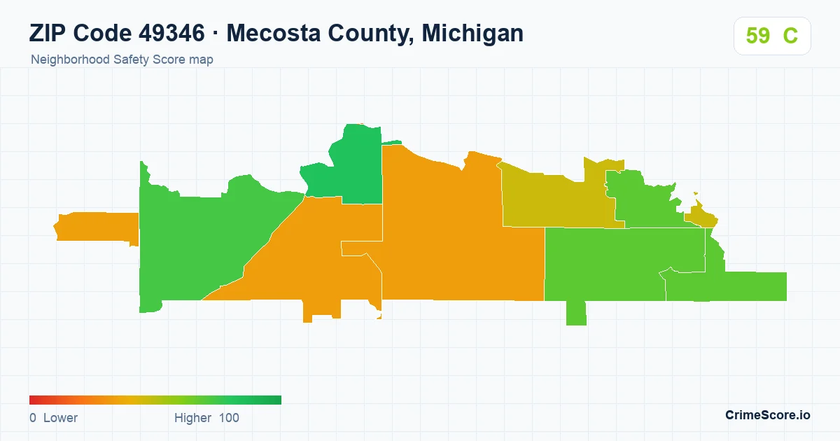 ZIP Code 49346 in Mecosta County, Michigan neighborhood Safety Score map
