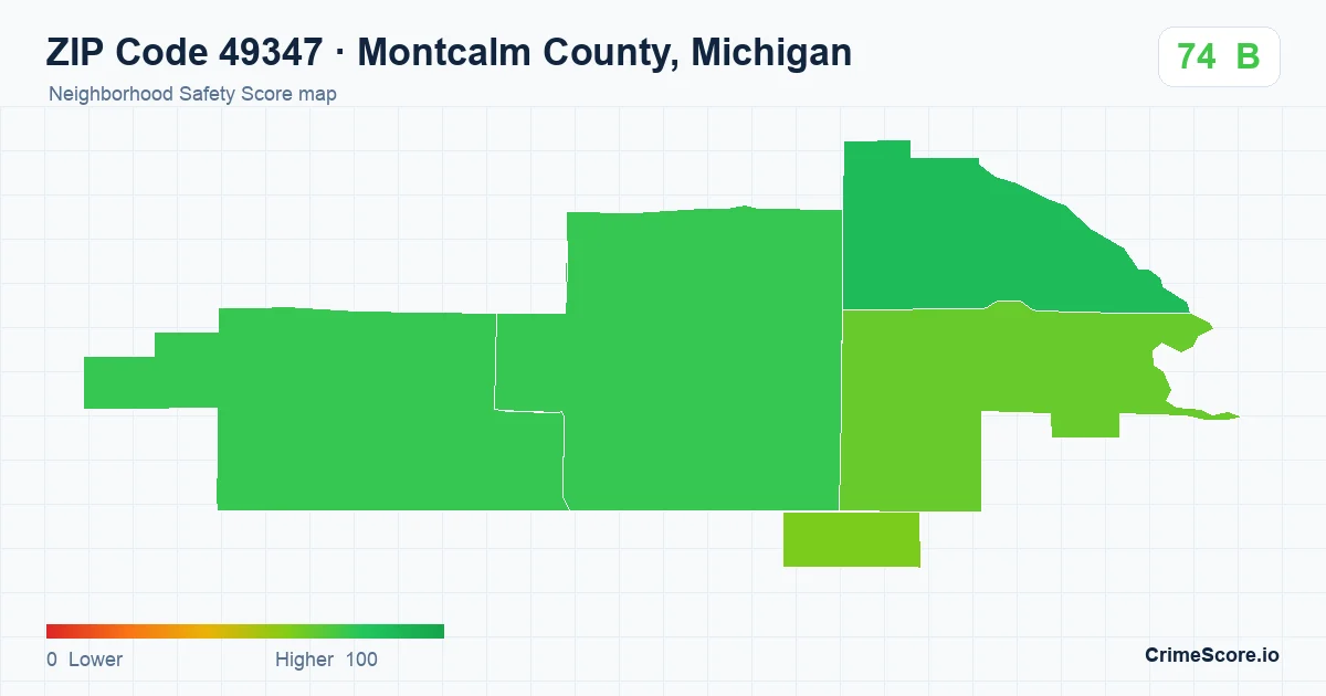 ZIP Code 49347 in Montcalm County, Michigan neighborhood Safety Score map