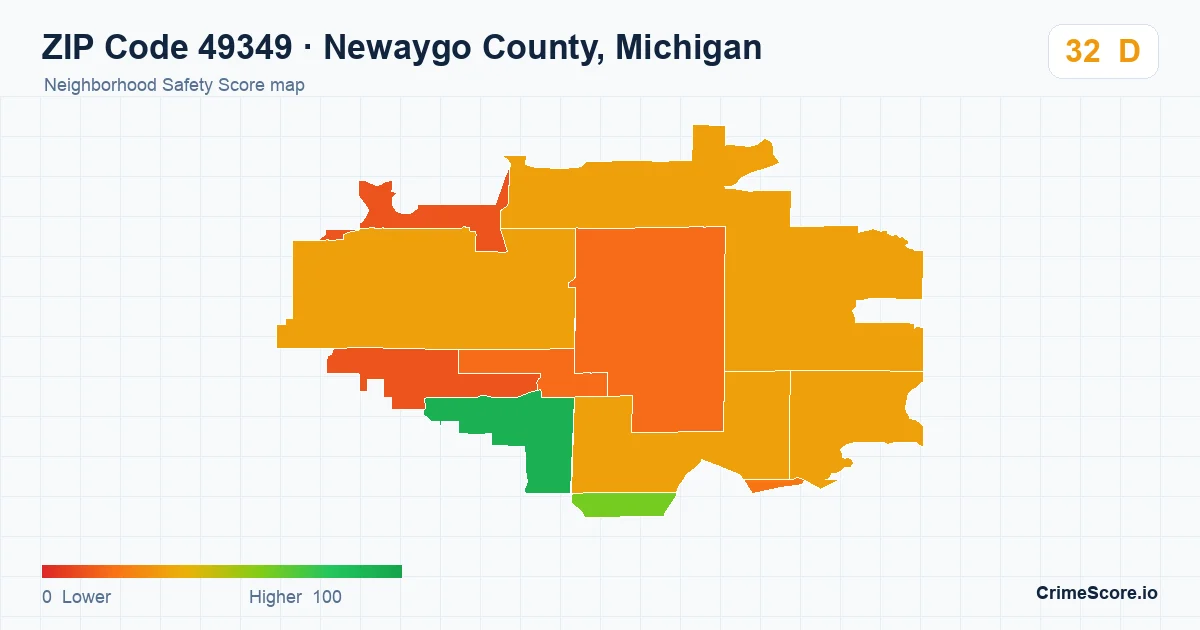 ZIP Code 49349 in Newaygo County, Michigan neighborhood Safety Score map
