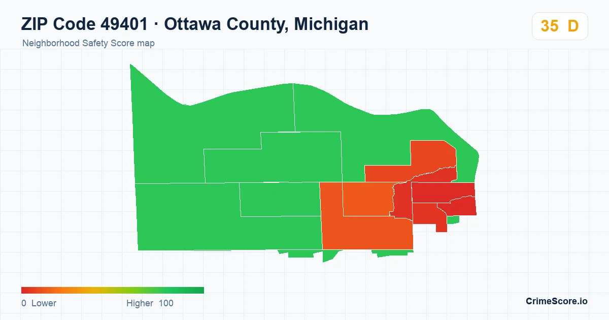 ZIP Code 49401 in Ottawa County, Michigan neighborhood Safety Score map