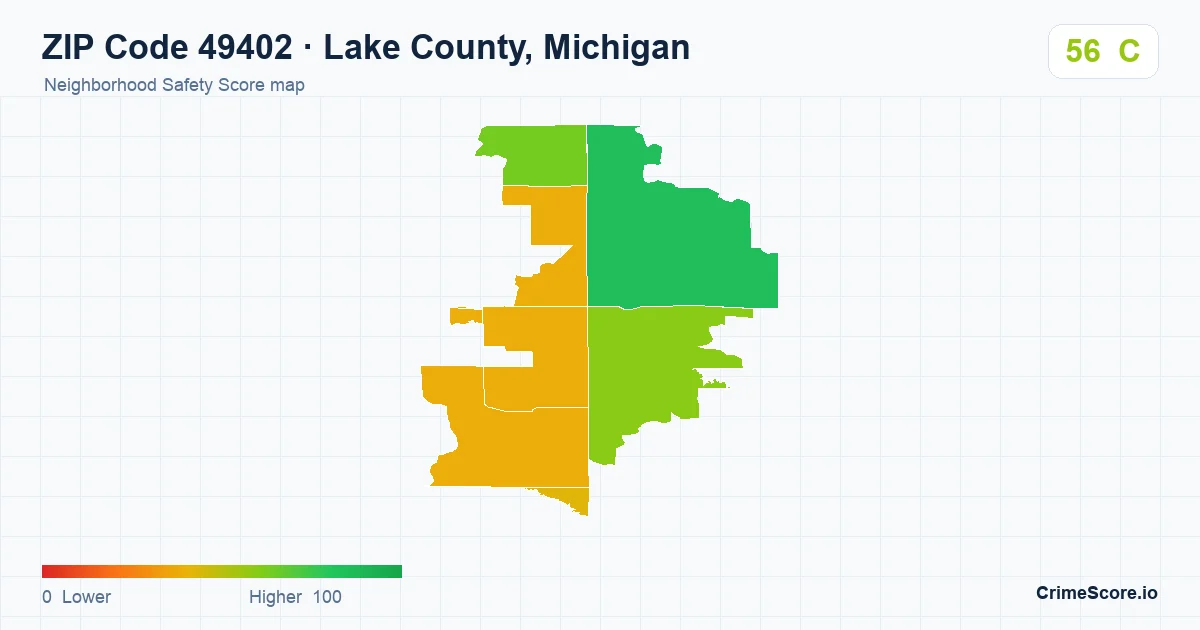 ZIP Code 49402 in Lake County, Michigan neighborhood Safety Score map