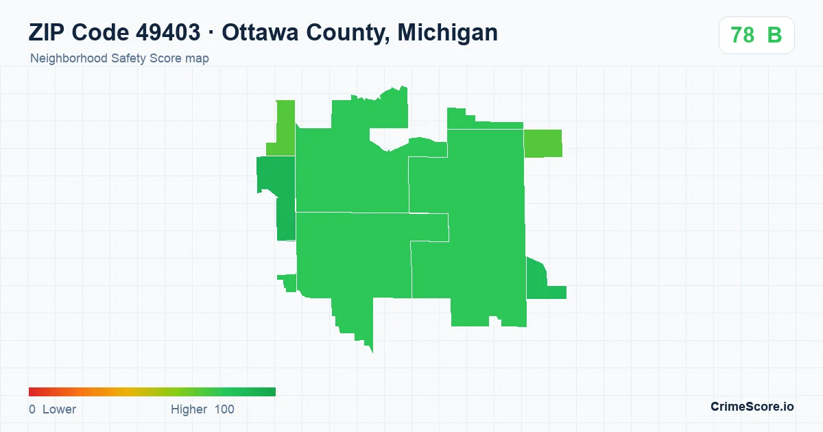 ZIP Code 49403 in Ottawa County, Michigan neighborhood Safety Score map