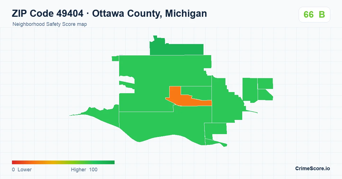 ZIP Code 49404 in Ottawa County, Michigan neighborhood Safety Score map