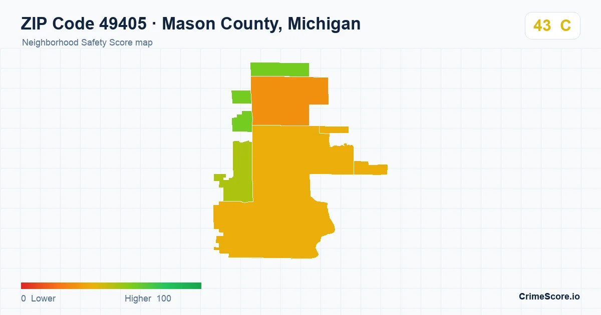 ZIP Code 49405 in Mason County, Michigan neighborhood Safety Score map
