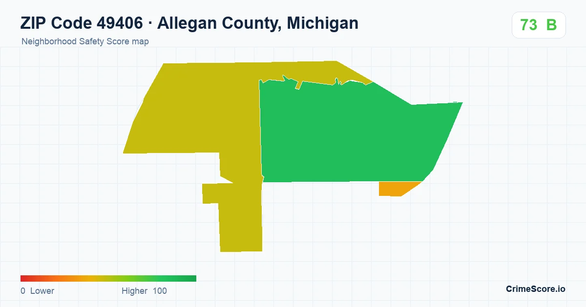ZIP Code 49406 in Allegan County, Michigan neighborhood Safety Score map
