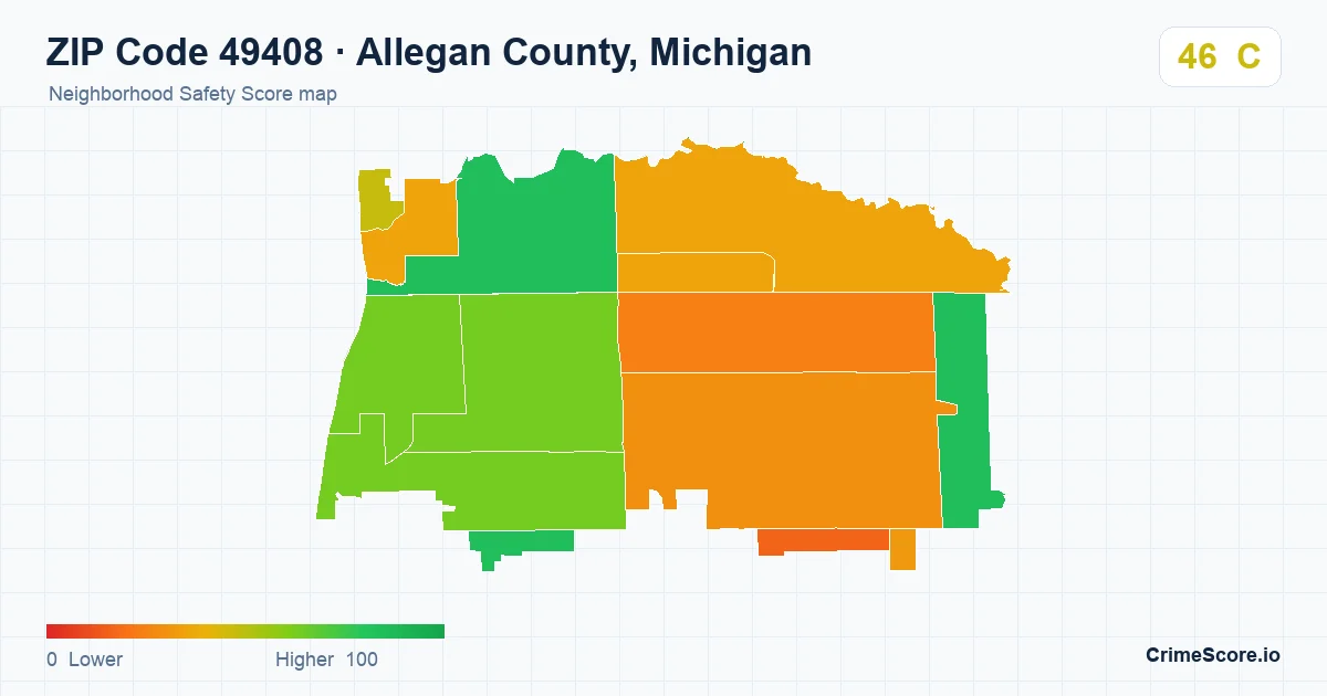 ZIP Code 49408 in Allegan County, Michigan neighborhood Safety Score map