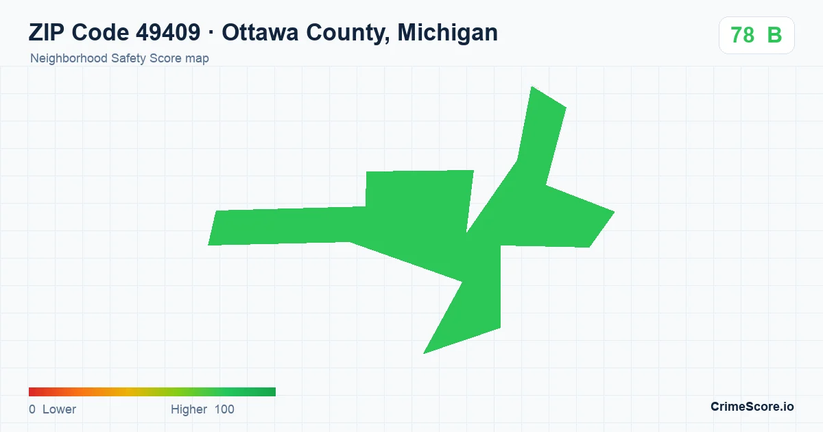 ZIP Code 49409 in Ottawa County, Michigan neighborhood Safety Score map
