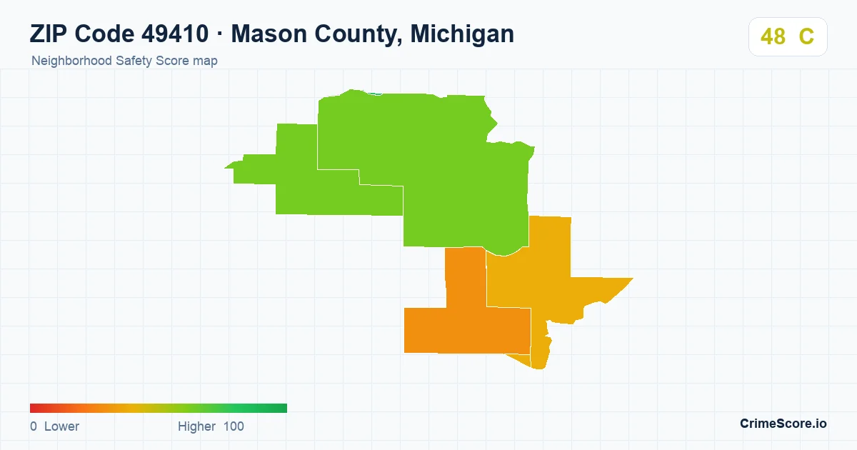 ZIP Code 49410 in Mason County, Michigan neighborhood Safety Score map