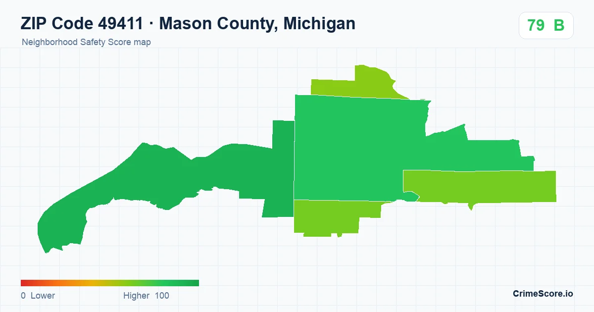 ZIP Code 49411 in Mason County, Michigan neighborhood Safety Score map