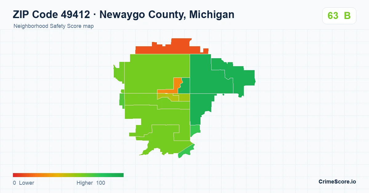 ZIP Code 49412 in Newaygo County, Michigan neighborhood Safety Score map