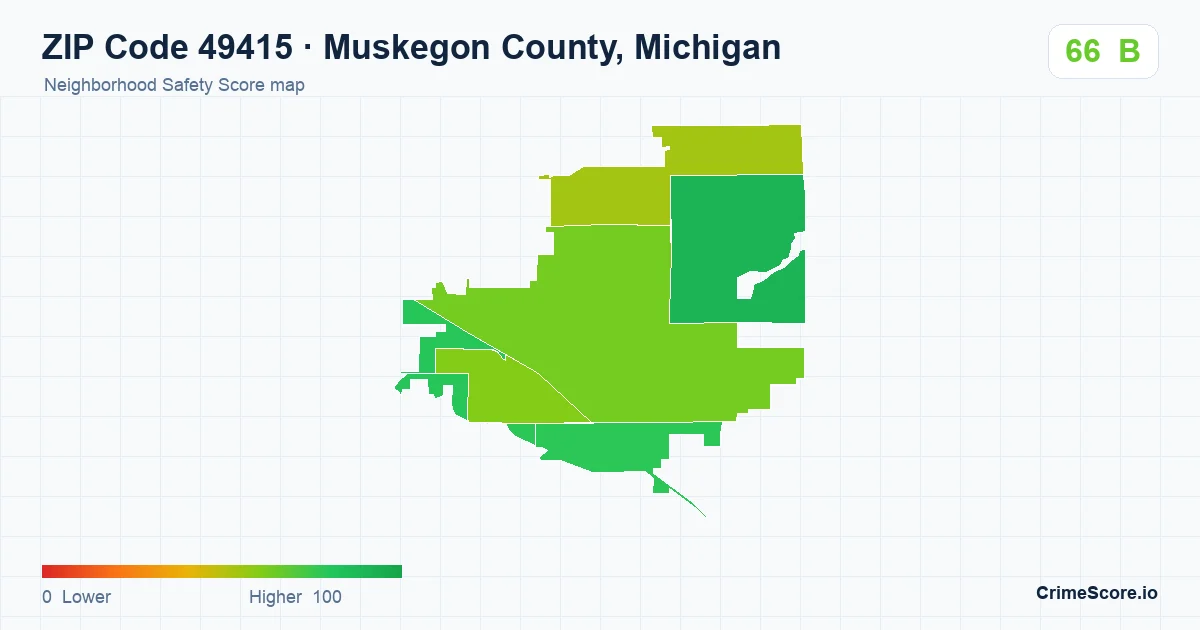 ZIP Code 49415 in Muskegon County, Michigan neighborhood Safety Score map