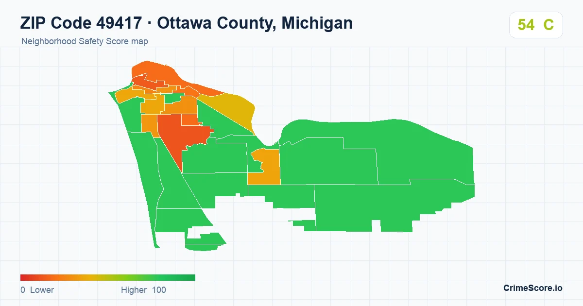 ZIP Code 49417 in Ottawa County, Michigan neighborhood Safety Score map