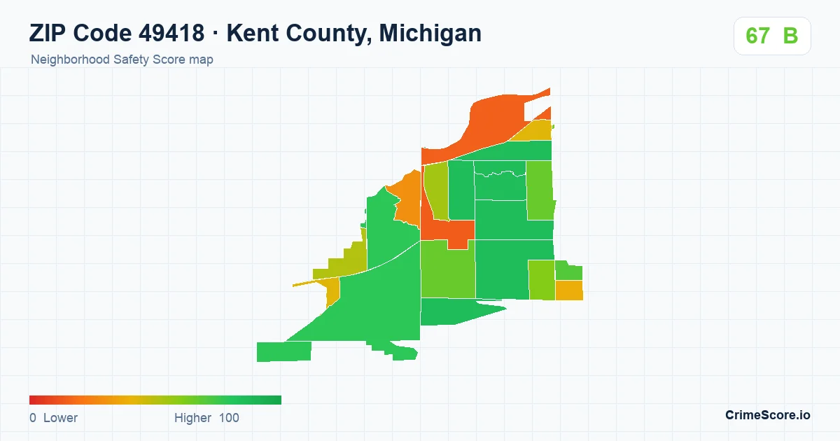 ZIP Code 49418 in Kent County, Michigan neighborhood Safety Score map