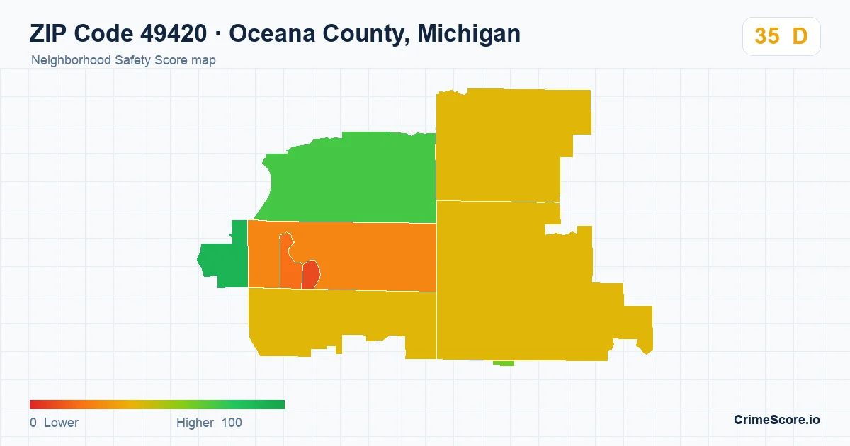 ZIP Code 49420 in Oceana County, Michigan neighborhood Safety Score map