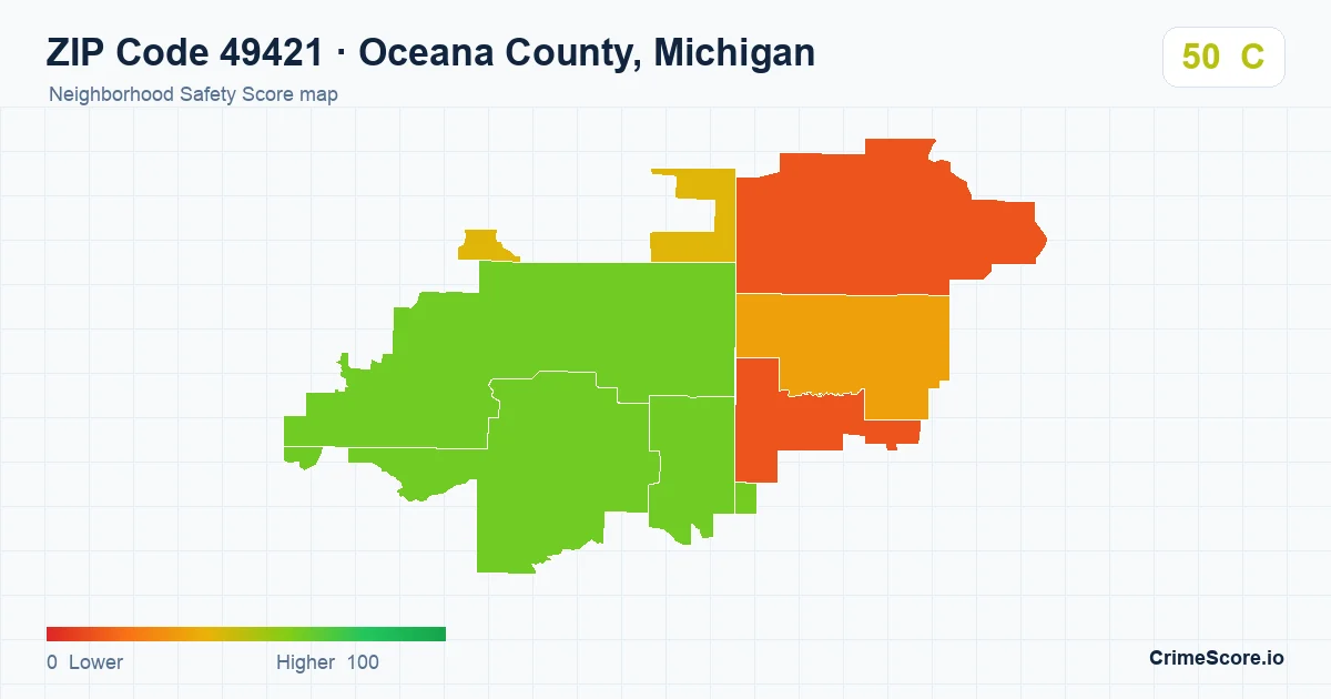 ZIP Code 49421 in Oceana County, Michigan neighborhood Safety Score map