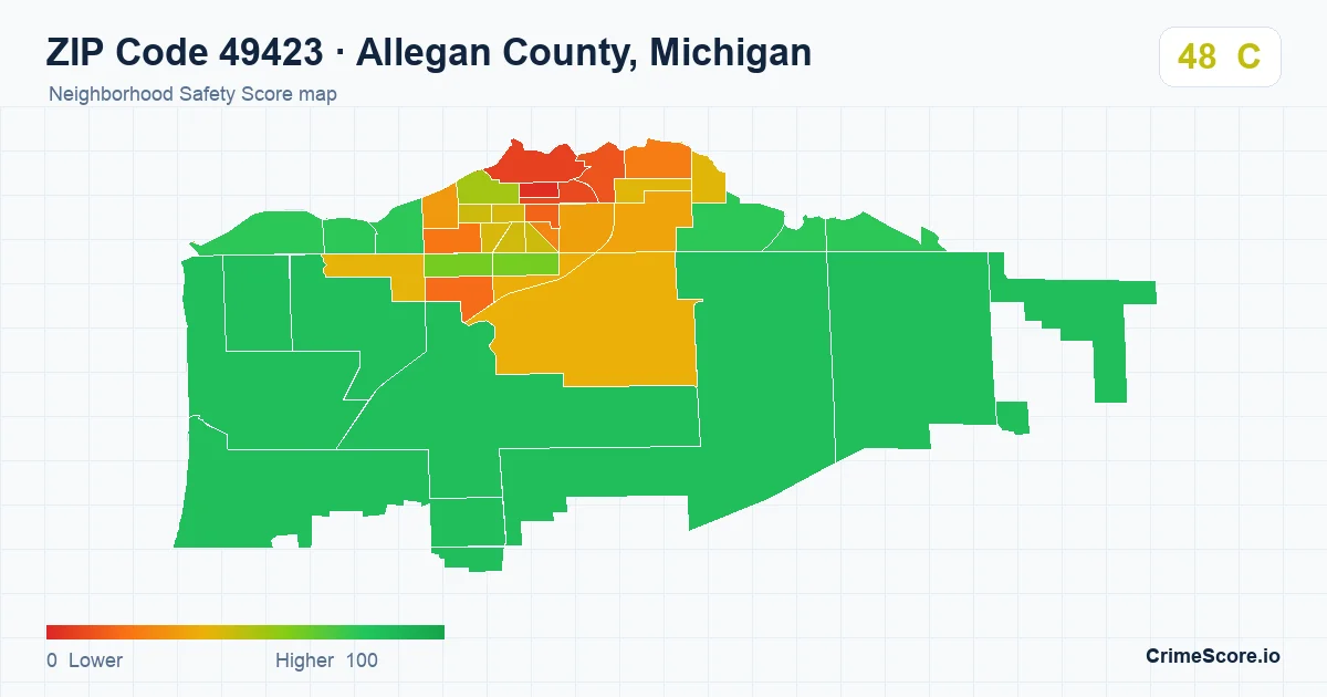 ZIP Code 49423 in Allegan County, Michigan neighborhood Safety Score map