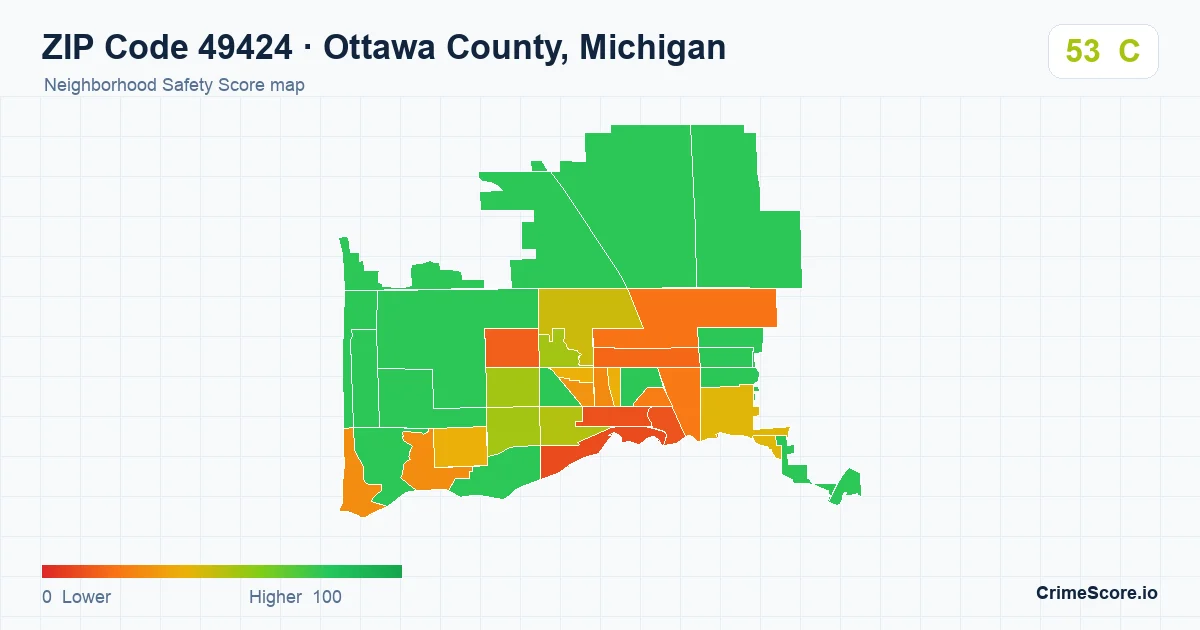 ZIP Code 49424 in Ottawa County, Michigan neighborhood Safety Score map
