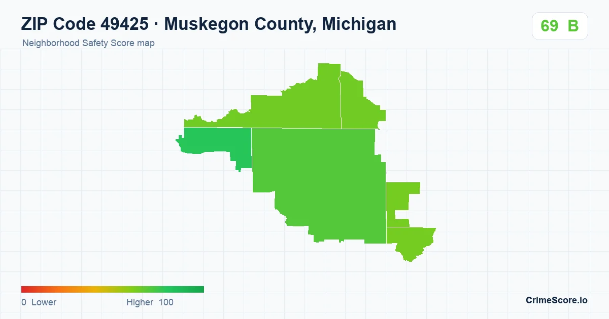 ZIP Code 49425 in Muskegon County, Michigan neighborhood Safety Score map