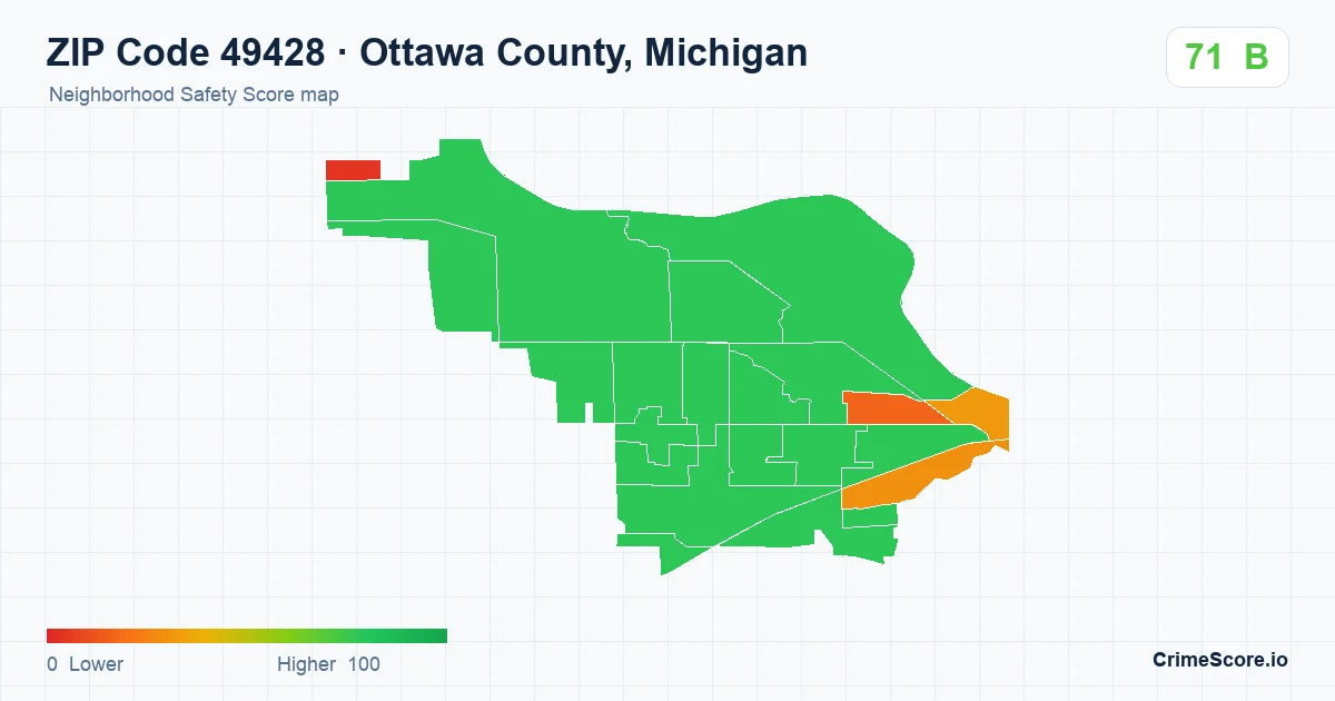 ZIP Code 49428 in Ottawa County, Michigan neighborhood Safety Score map