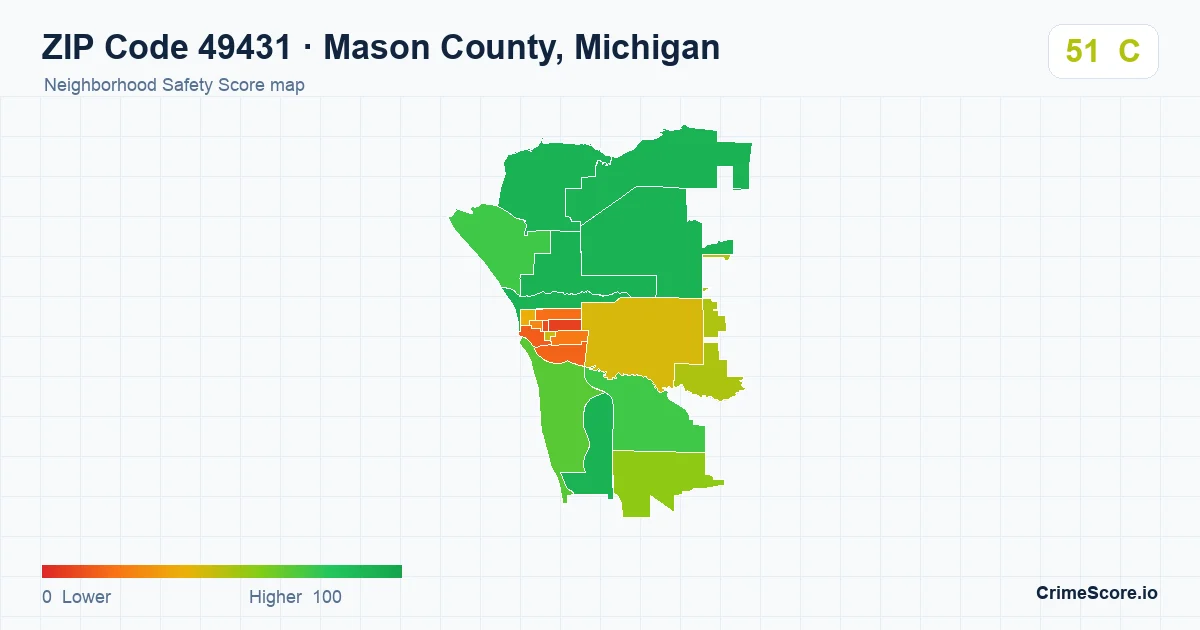 ZIP Code 49431 in Mason County, Michigan neighborhood Safety Score map
