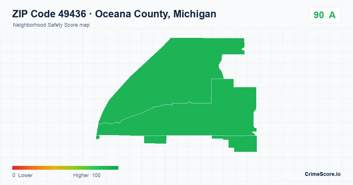 ZIP Code 49436 in Oceana County, Michigan neighborhood Safety Score map