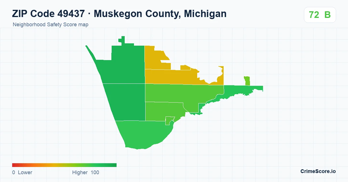 ZIP Code 49437 in Muskegon County, Michigan neighborhood Safety Score map