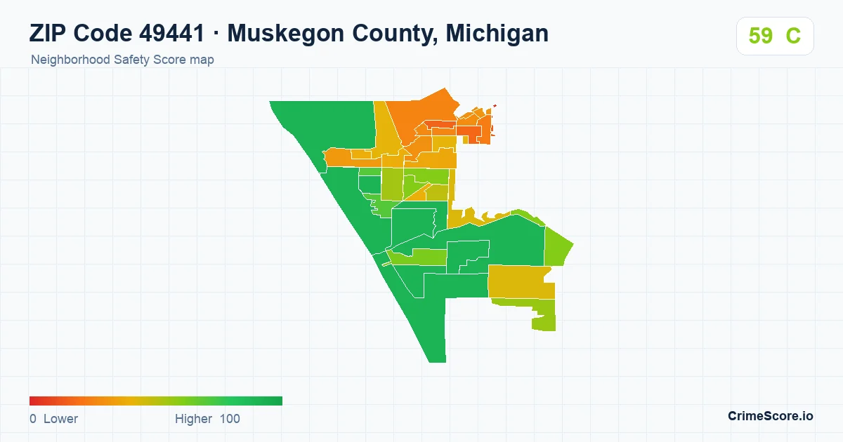 ZIP Code 49441 in Muskegon County, Michigan neighborhood Safety Score map