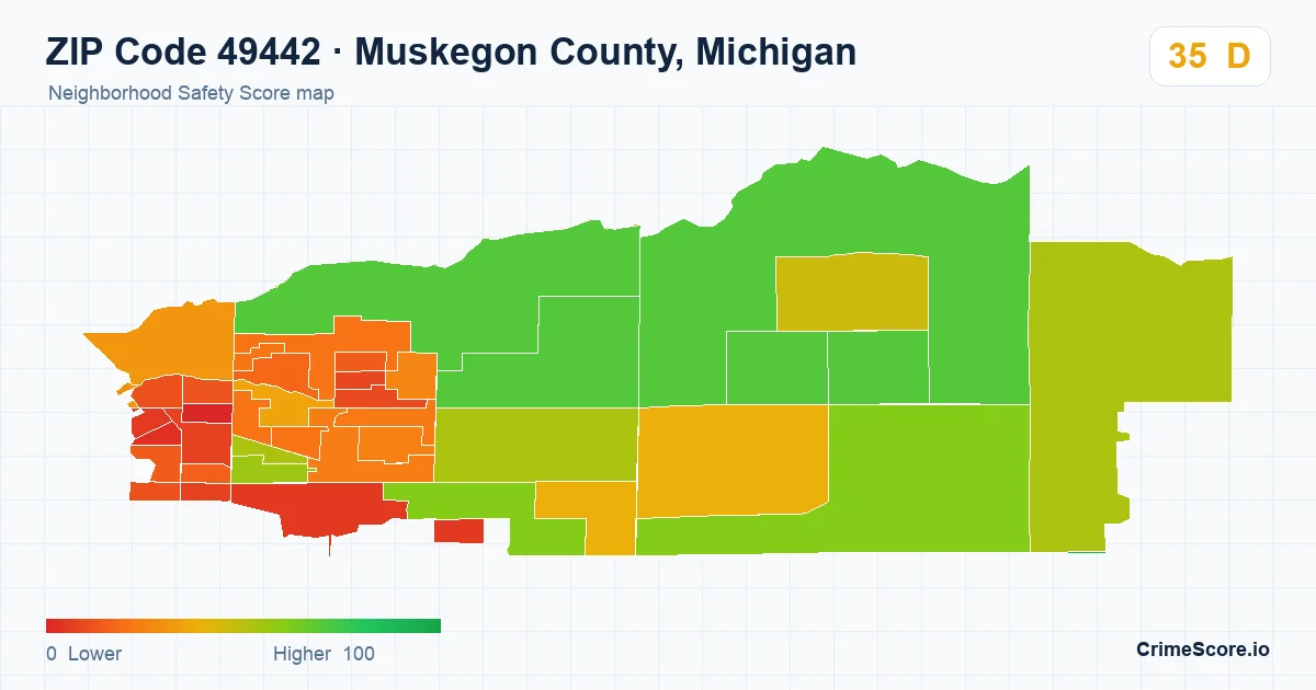 ZIP Code 49442 in Muskegon County, Michigan neighborhood Safety Score map