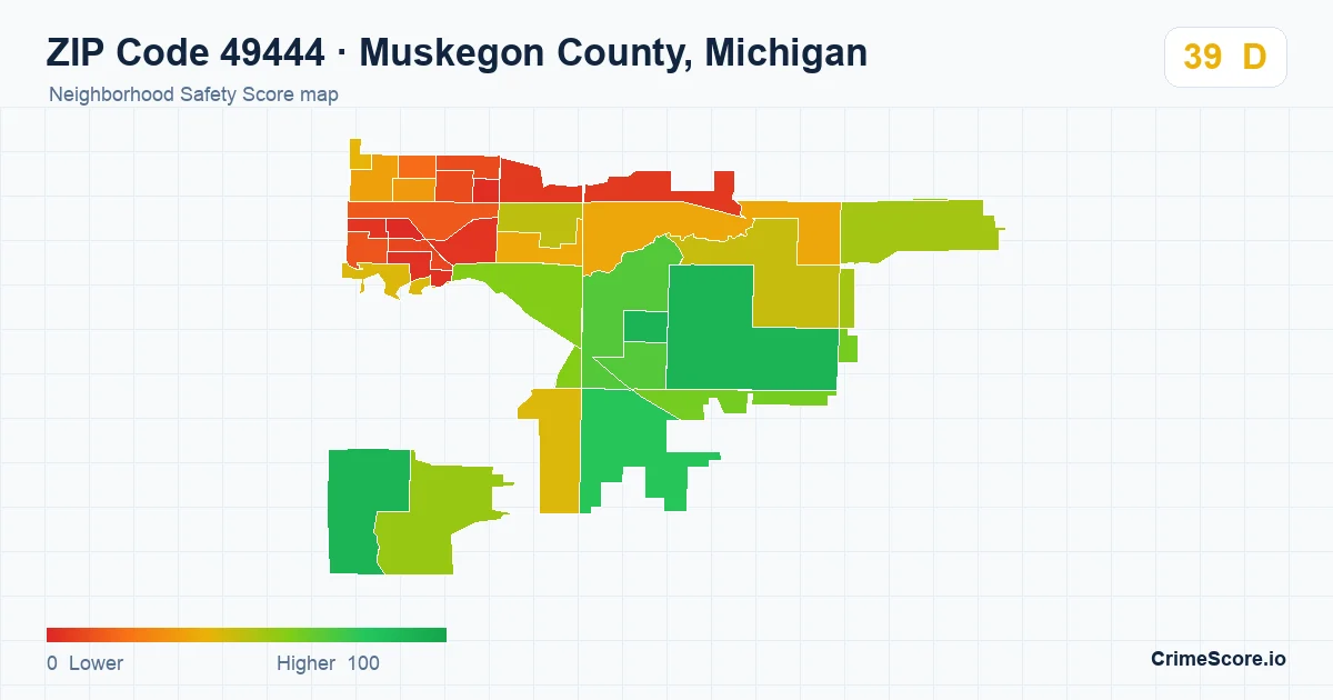 ZIP Code 49444 in Muskegon County, Michigan neighborhood Safety Score map