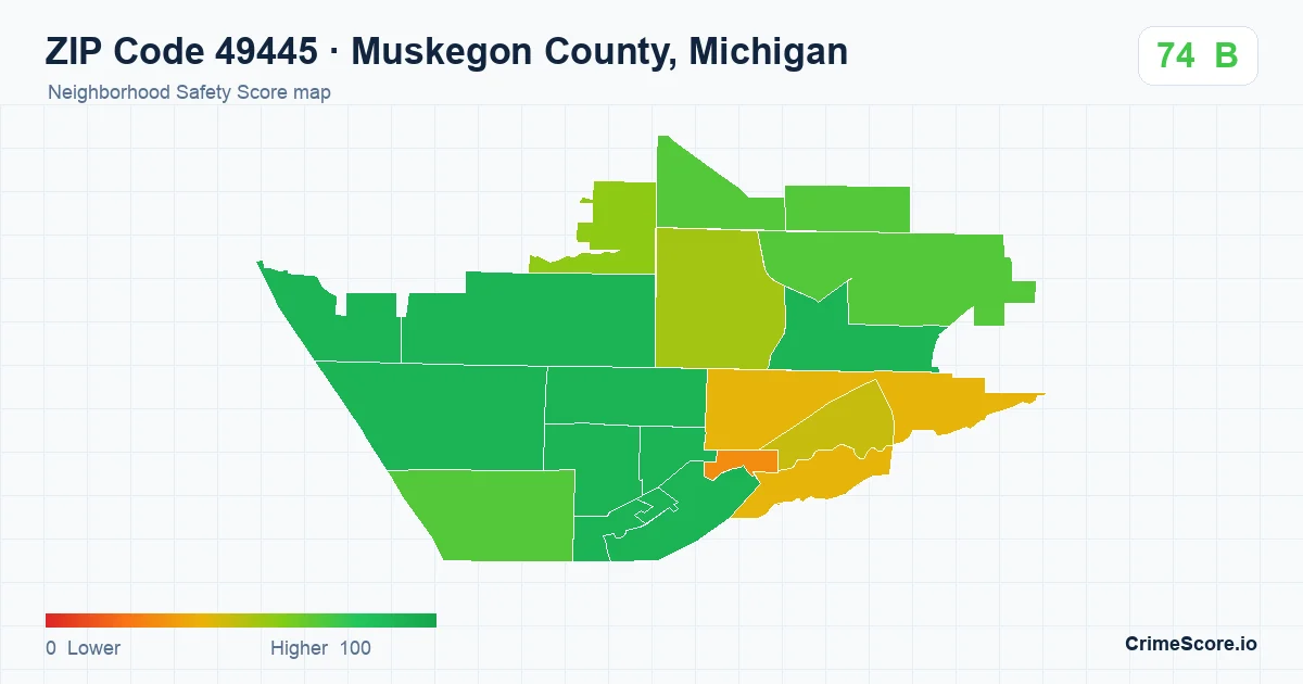 ZIP Code 49445 in Muskegon County, Michigan neighborhood Safety Score map