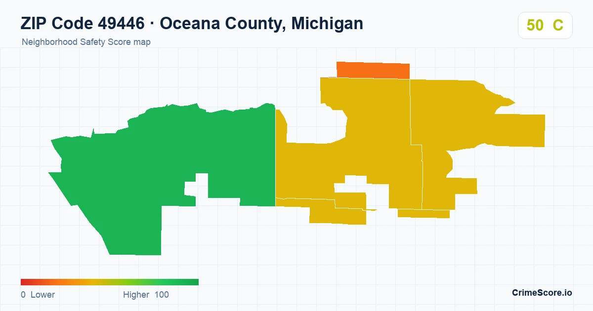 ZIP Code 49446 in Oceana County, Michigan neighborhood Safety Score map