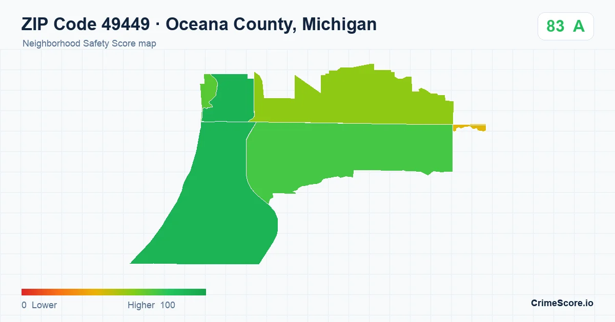 ZIP Code 49449 in Oceana County, Michigan neighborhood Safety Score map