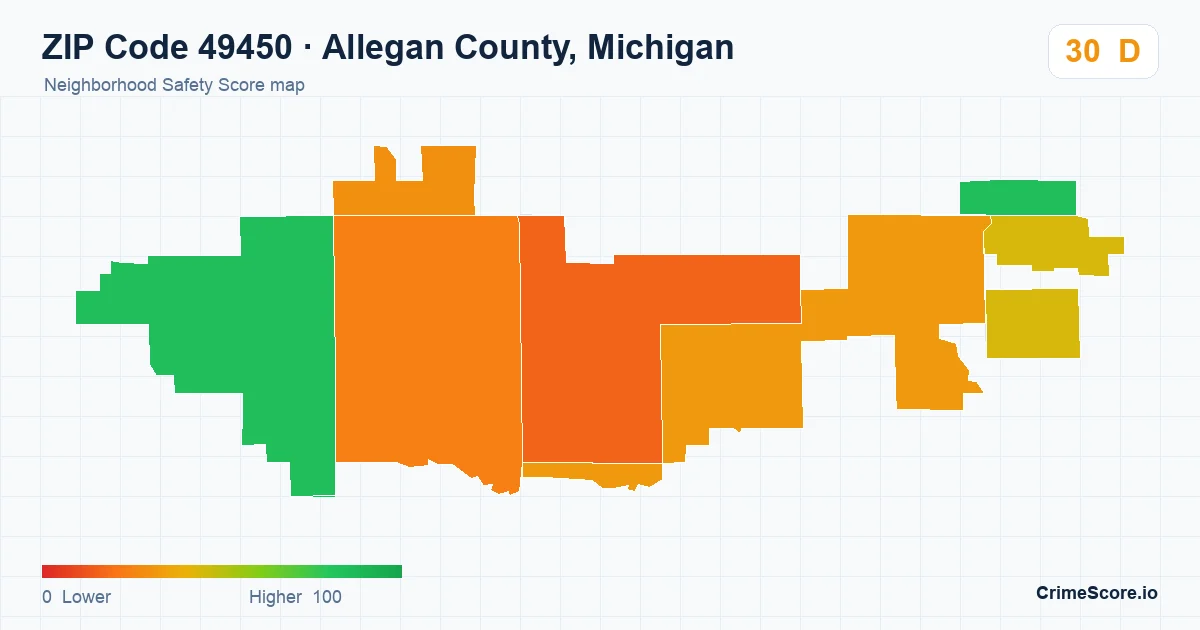 ZIP Code 49450 in Allegan County, Michigan neighborhood Safety Score map