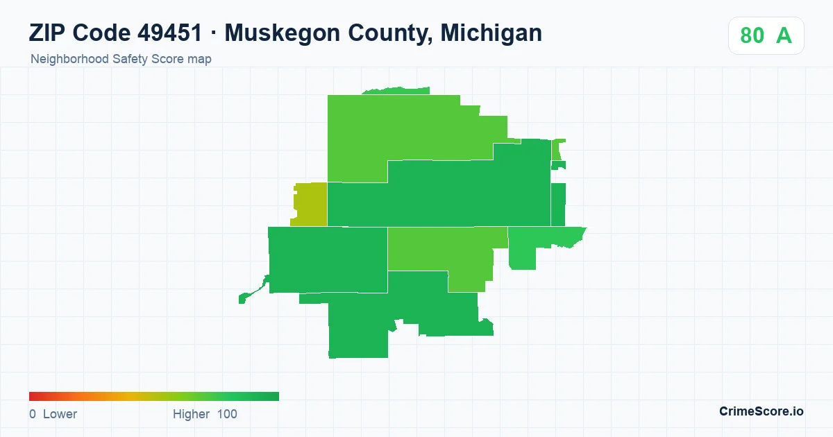 ZIP Code 49451 in Muskegon County, Michigan neighborhood Safety Score map