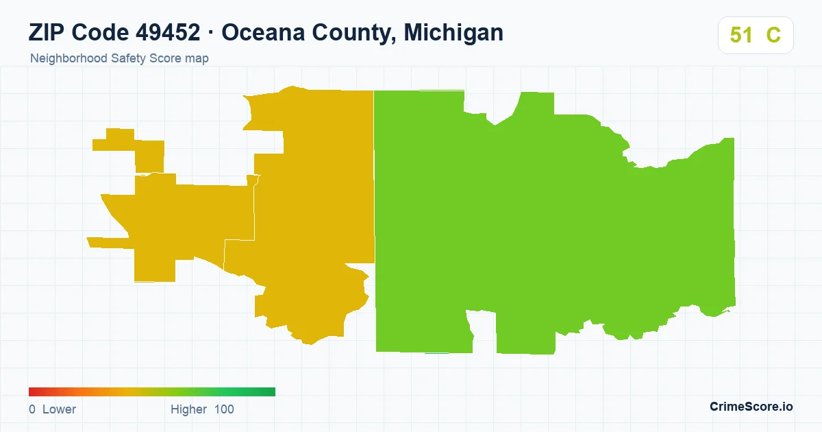 ZIP Code 49452 in Oceana County, Michigan neighborhood Safety Score map