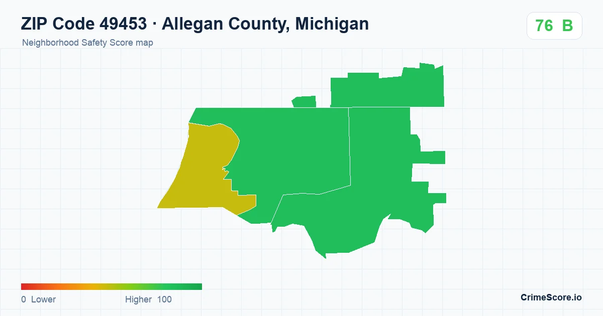 ZIP Code 49453 in Allegan County, Michigan neighborhood Safety Score map