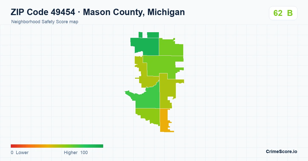 ZIP Code 49454 in Mason County, Michigan neighborhood Safety Score map