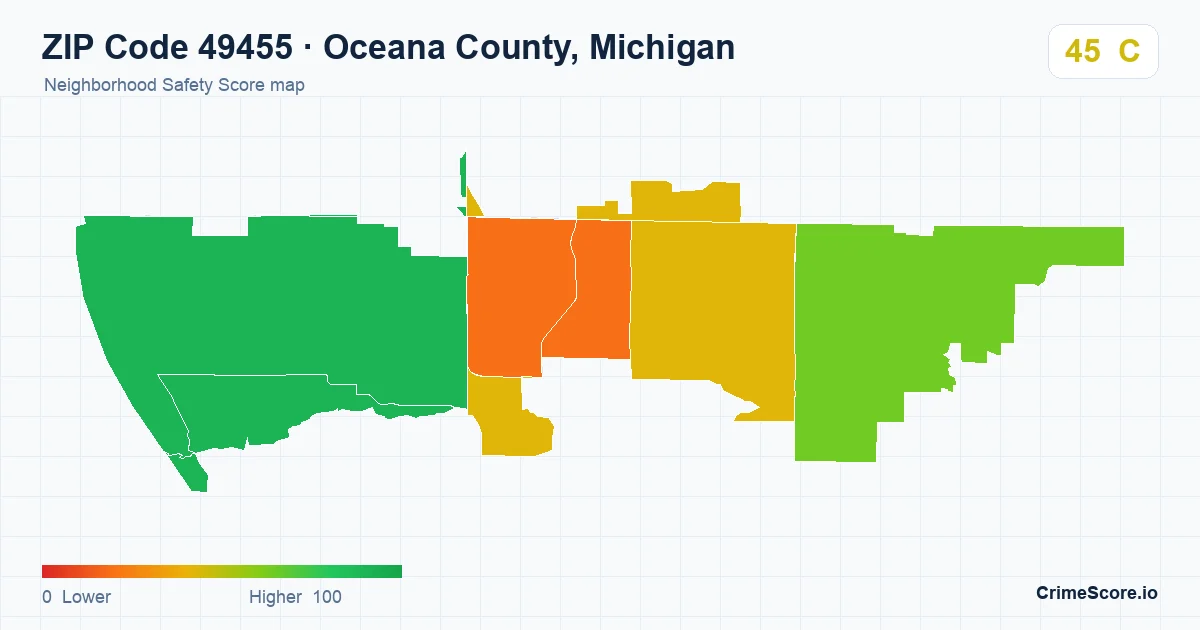 ZIP Code 49455 in Oceana County, Michigan neighborhood Safety Score map